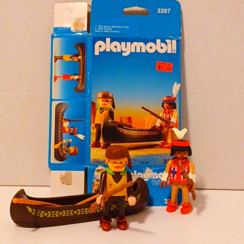 USED VINTAGE 1990 PLAYMOBIL #3397 CANOE TRACKER/INDIAN SCOUT COMPLETE WITH BOX